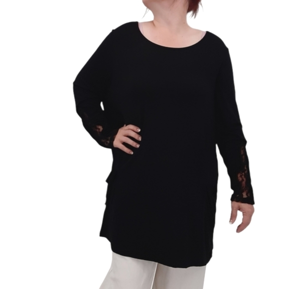 Logo by Lori Goldstein Solid Black Lace Inset Sleeves Stretch Tunic Top 1X